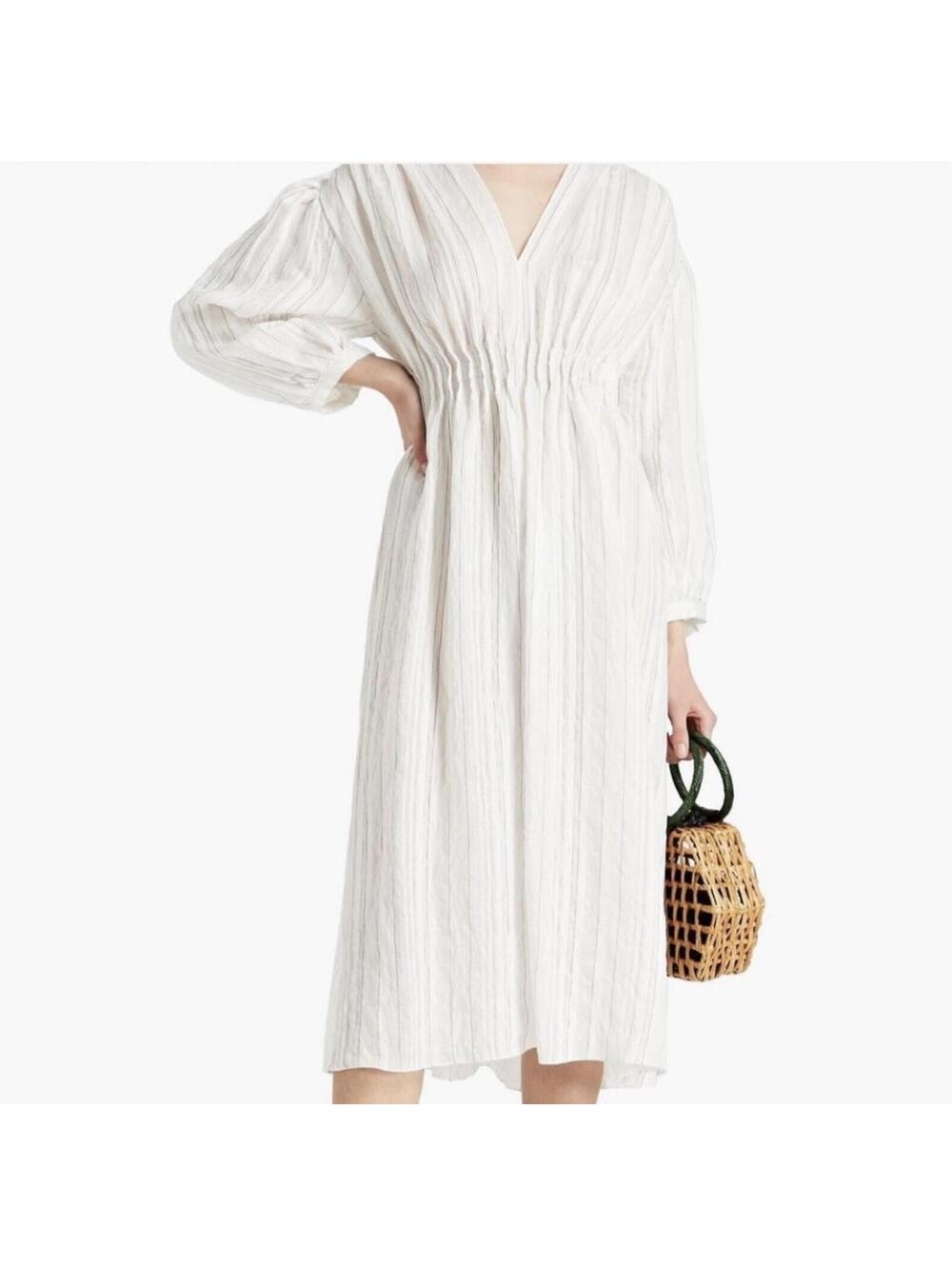 Sandro Paris White Striped Cottagecore Midi Dress, Size 40 (US 8)